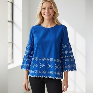 ⭐️ NWT Vero Moda Patrice Embroidered Eyelet Bell Sleeve Top MEDIUM Blue